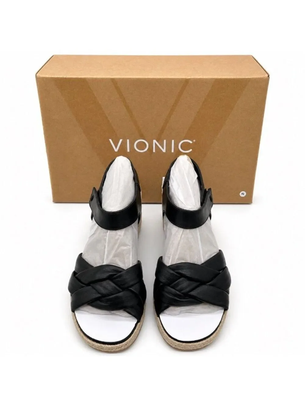Vionic Saratoga Supportive Black Leather Espadrille Wedge Sandals Womens 6